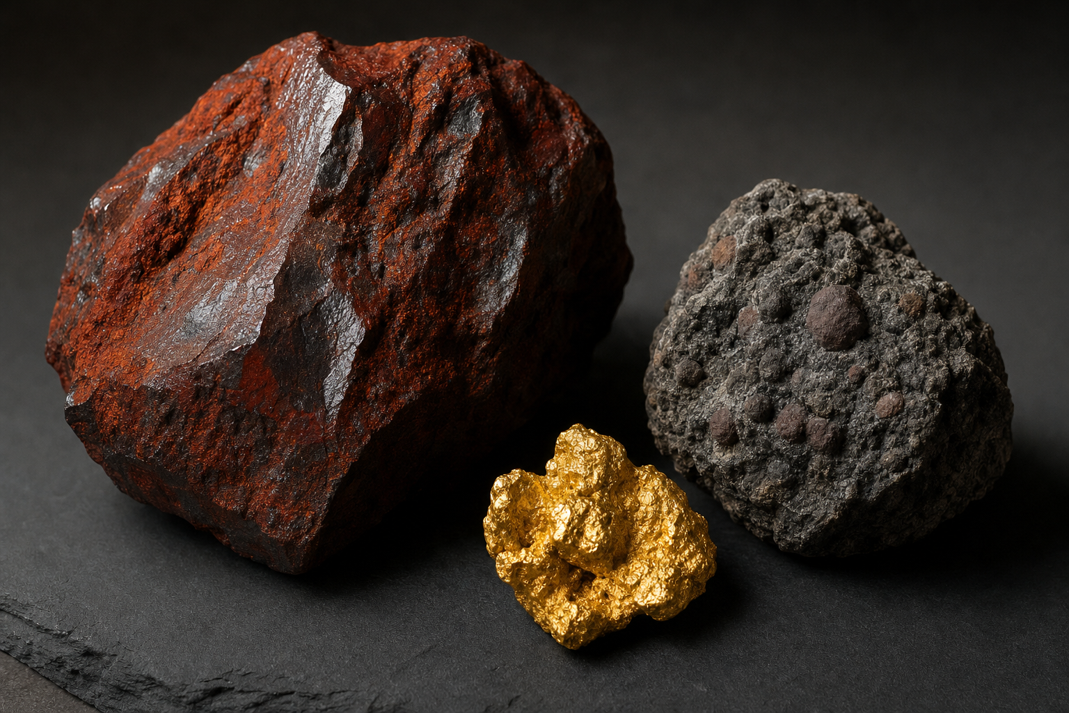 Specimens of high-grade iron ore, raw gold, and bauxite arranged on a dark slate surface.